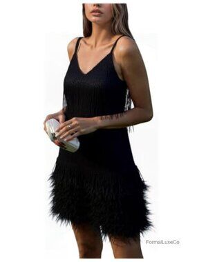 Wildarms Tassel Feather Sequin Mini Dress V Neck Spaghetti Strap Fringe Dress